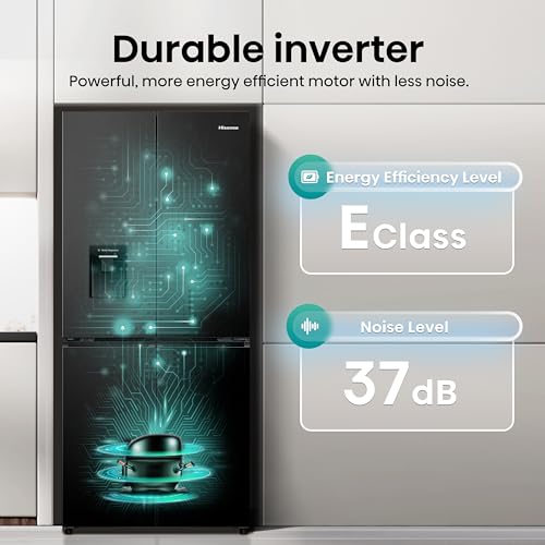 RQ5P470SMFE Wifi Connected American Fridge Freezer Cross Door with Water Dispenser, No Frost, 482 liters, Black Stainless Steel - E Rated, Noise level: 37 decibels, H178.5 x W79.4 x D69.8 (cm)