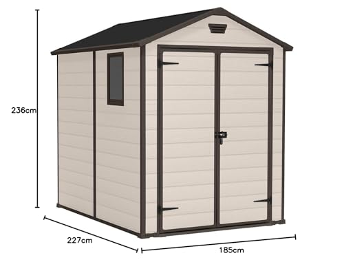 Manor Outdoor Apex Double Door Garden Storage Shed 6 x 8ft Beige Brown Wood effect | Fade Free | All Weather Resistant | Safe and Secure | Zero Maintenance | 15 year Warranty