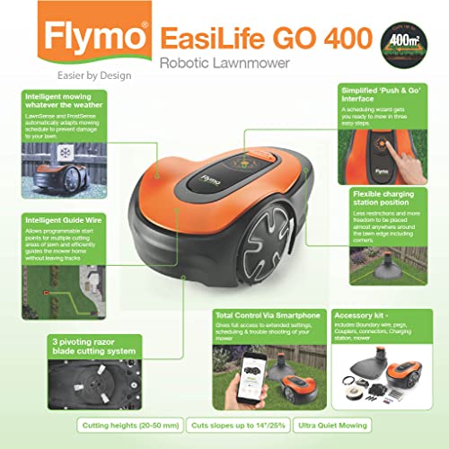 EasiLife GO 400 Robotic Lawn Mower for the perfect manicured lawn. Easy set-up and installation. Convenient app control. Quietly Safely cuts up to sqm, orange and grey, 400m2