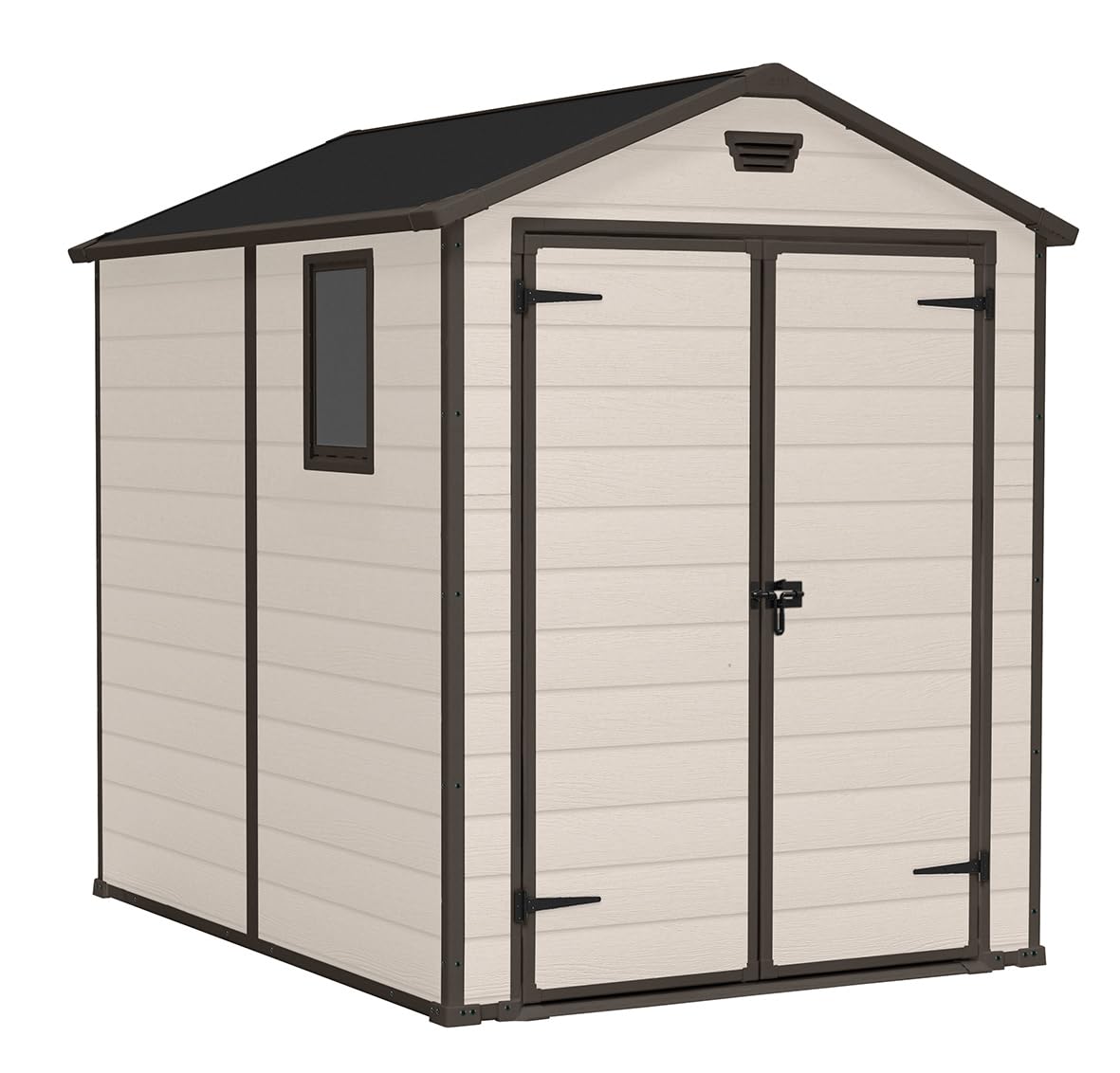 Manor Outdoor Apex Double Door Garden Storage Shed 6 x 8ft Beige Brown Wood effect | Fade Free | All Weather Resistant | Safe and Secure | Zero Maintenance | 15 year Warranty