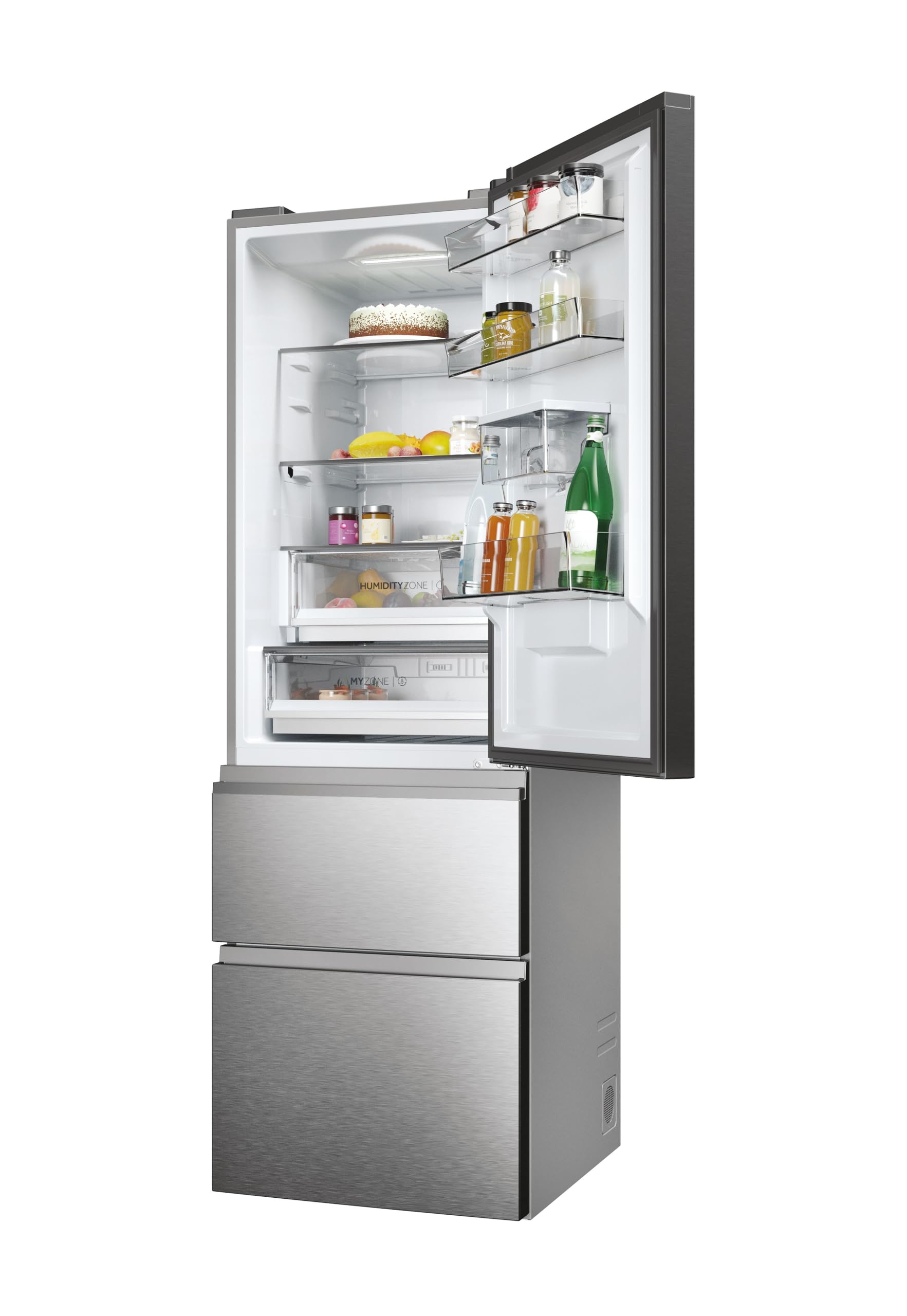 3D 60 Series 5 Freestanding Fridge Freezer with Water Dispenser, 3 Doors, Total No Frost, E Class, 357L Total Capacity, hOn App, AI & Wi-Fi Connected, Silver, 60x67x185 cm - HTW5618EWMG