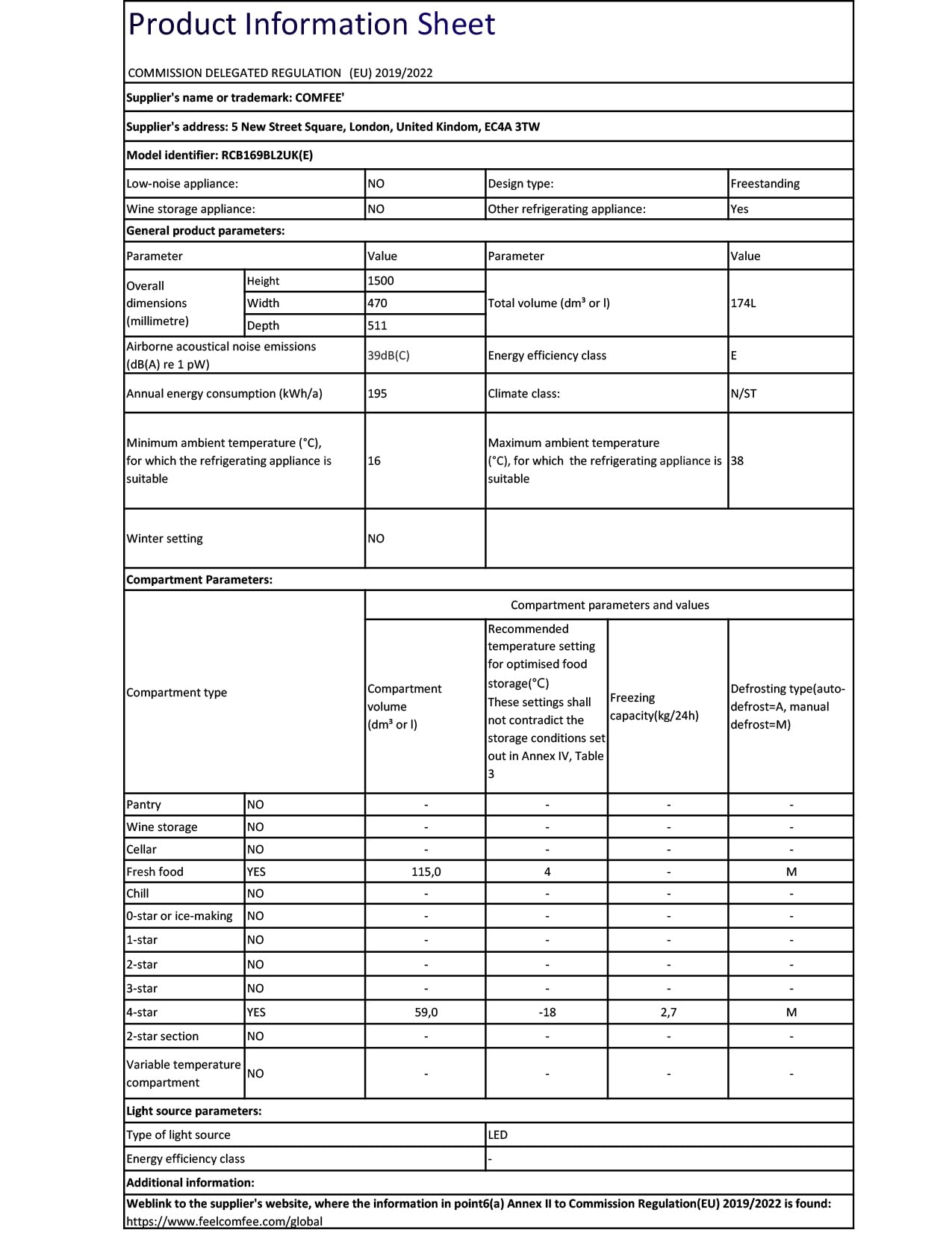 RCB169BL2UK(E) 174 Litre Freestanding Fridge Freezer, Low Frost, Adjustable thermostat, Energy Saving LED lights, Reversible Door Hinge, Low Noise- Black