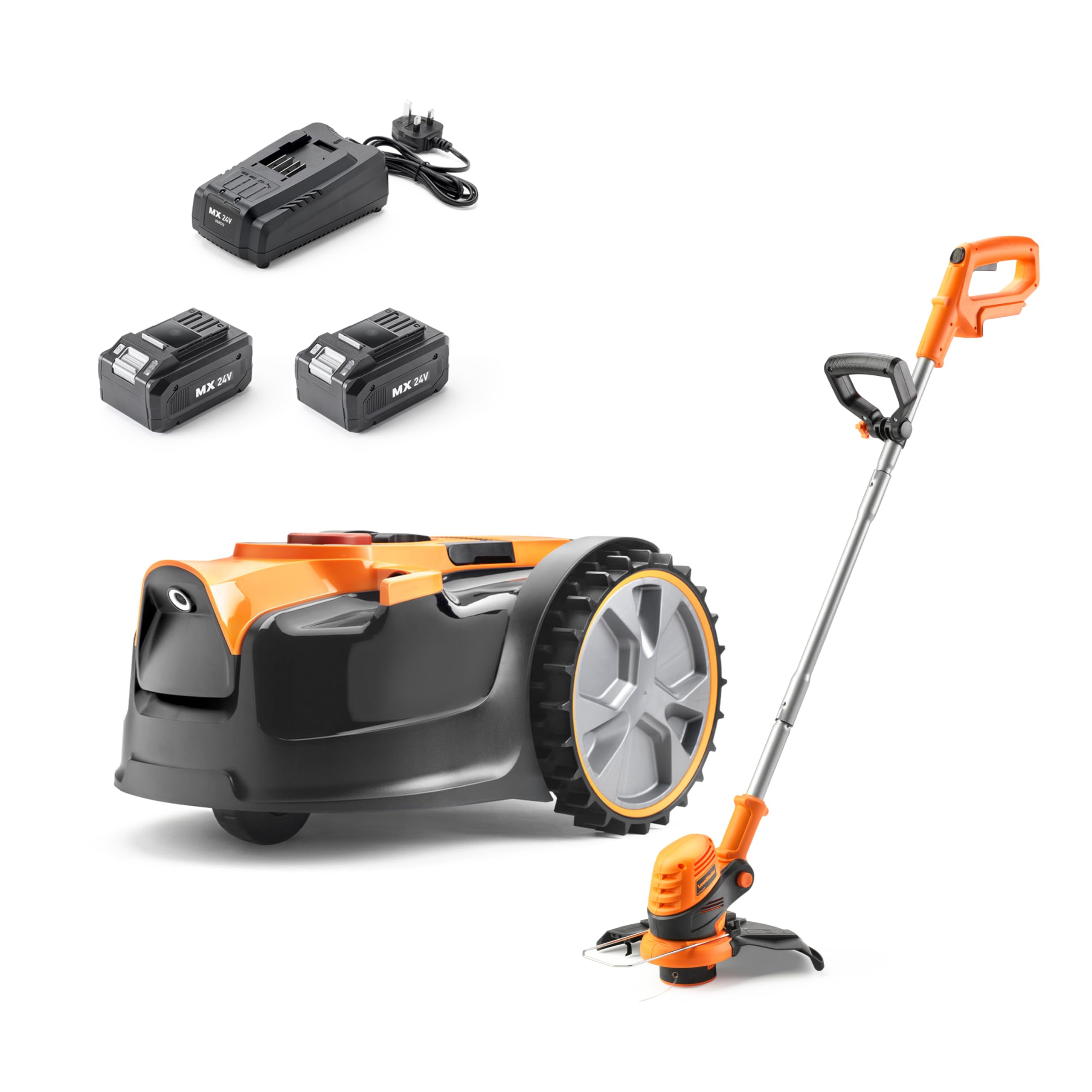 OcuMow 6 Drop and Mow Robot Lawnmower & Cordless Grass Trimmer with 2x MX 24V lithium batteries and fast charger. No Boundary Wire, App or Outdoor Socket needed. For lawns up to 300m2