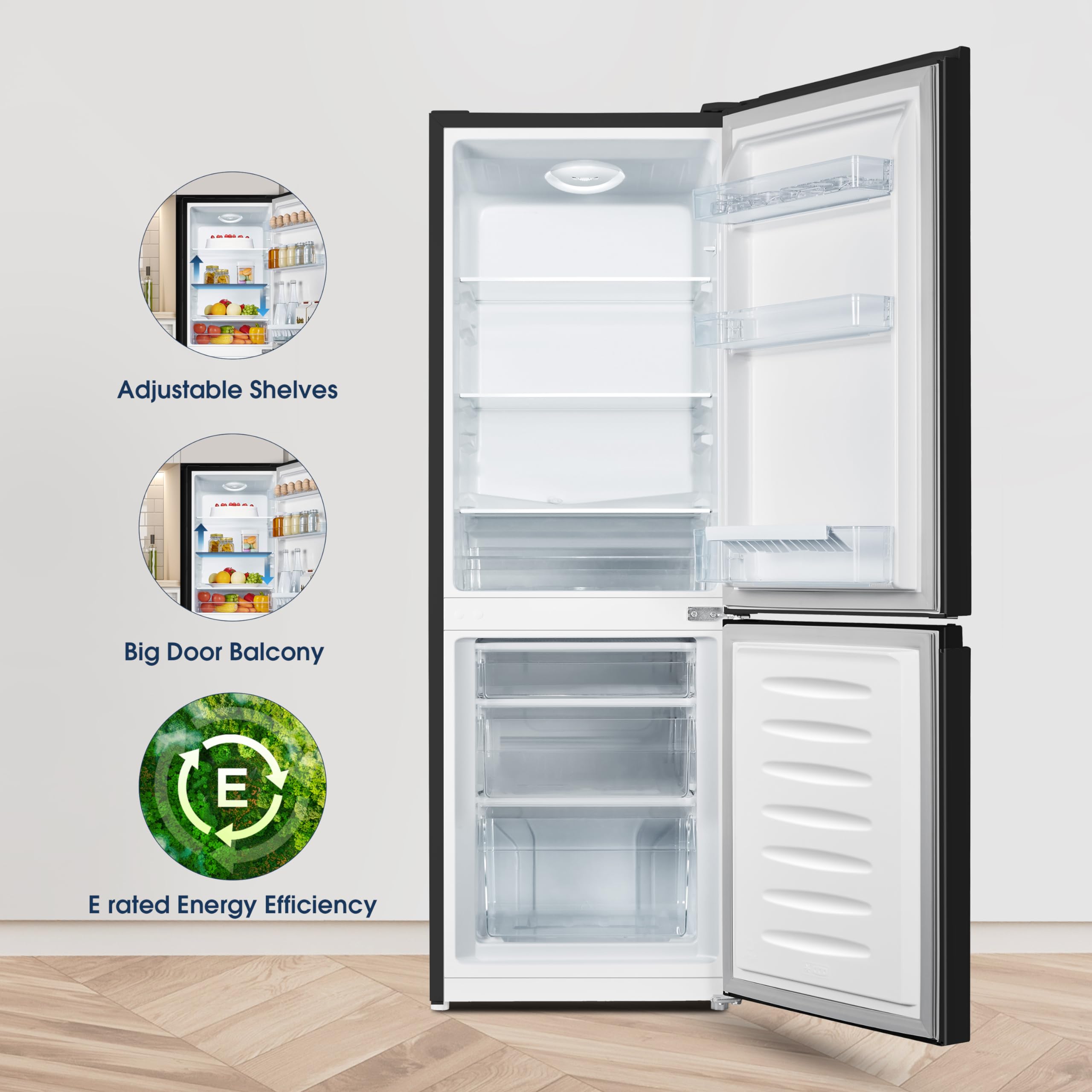 MC50165EB 50cm Freestanding 60/40 Fridge Freezer - 175-litre capacity with Crisper box - Reversible Door - LED Lighting- 4 Star Freezer Rating - Black - E Rated