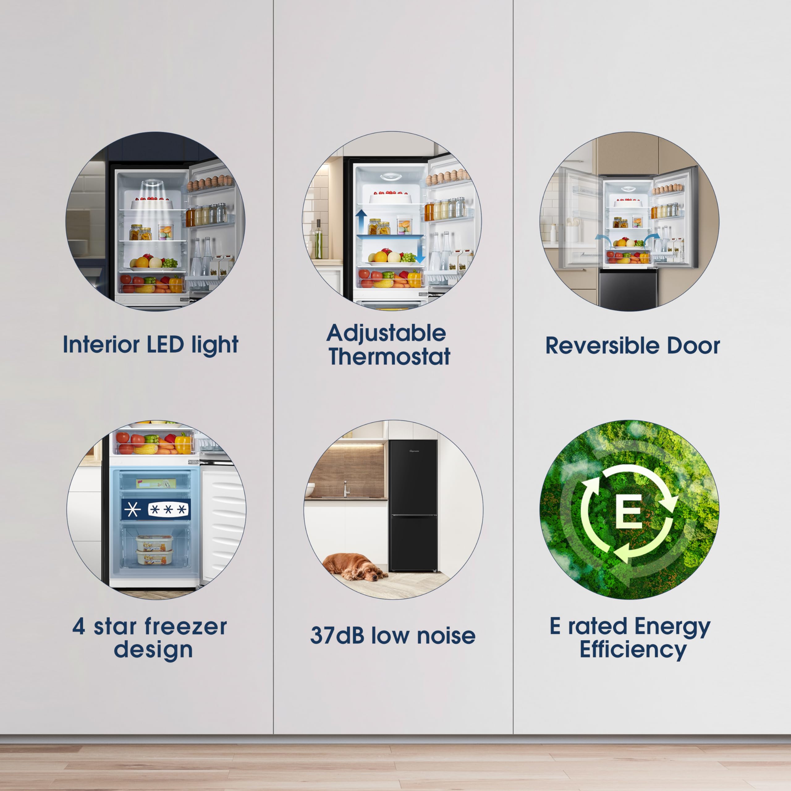 MC50165EB 50cm Freestanding 60/40 Fridge Freezer - 175-litre capacity with Crisper box - Reversible Door - LED Lighting- 4 Star Freezer Rating - Black - E Rated