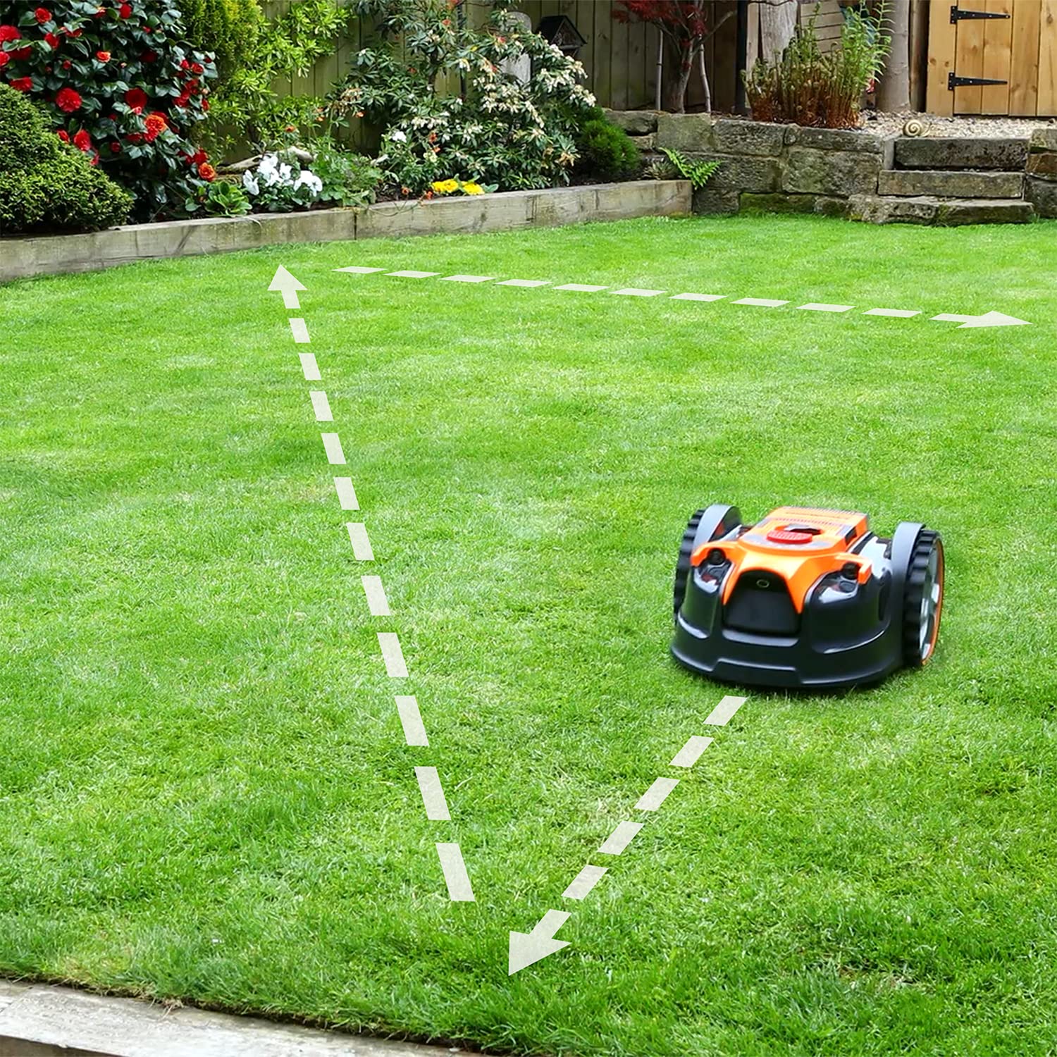 OcuMow 6 Drop and Mow Robot Lawnmower & Cordless Grass Trimmer with 2x MX 24V lithium batteries and fast charger. No Boundary Wire, App or Outdoor Socket needed. For lawns up to 300m2