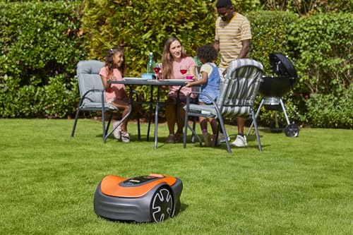EasiLife GO 400 Robotic Lawn Mower for the perfect manicured lawn. Easy set-up and installation. Convenient app control. Quietly Safely cuts up to sqm, orange and grey, 400m2