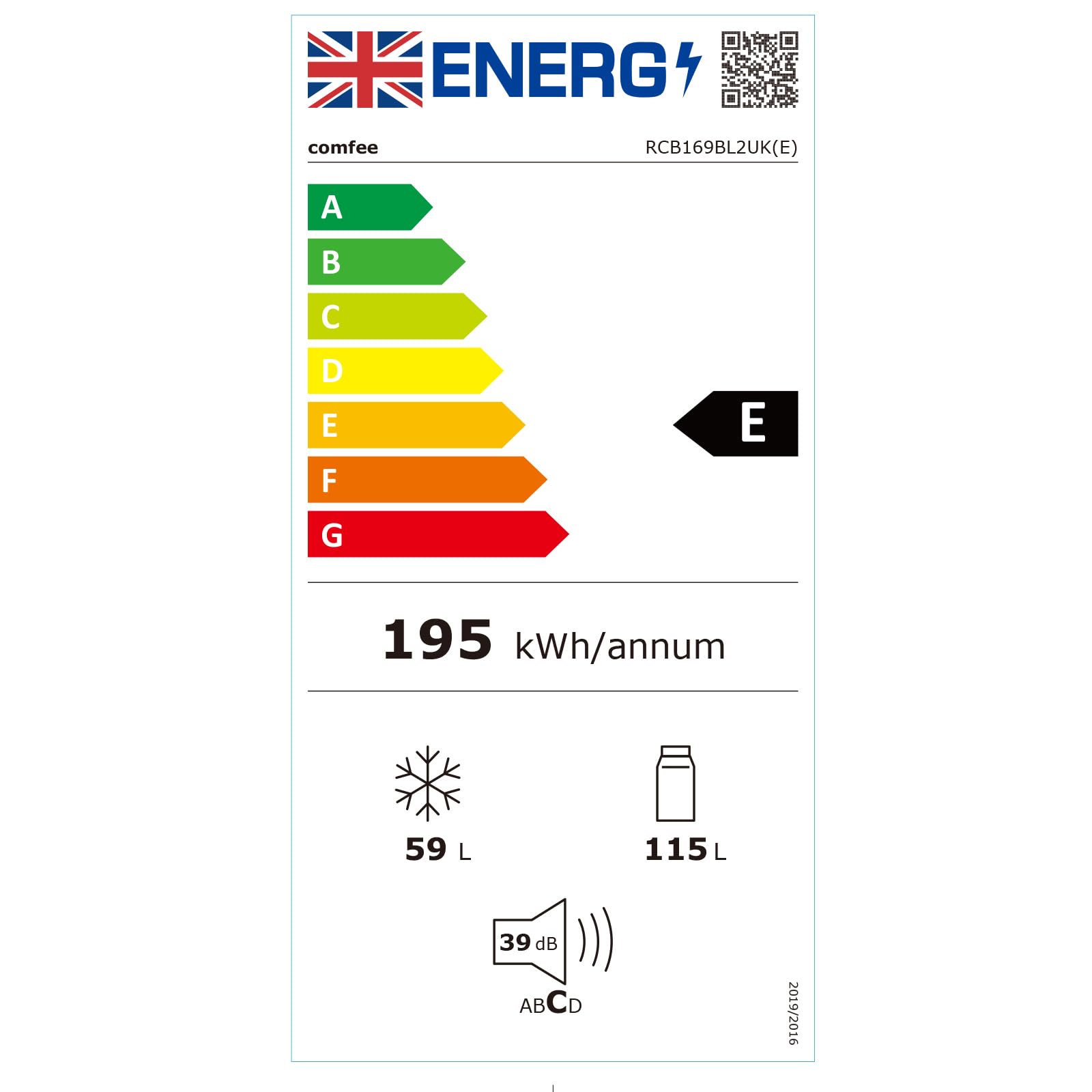 RCB169BL2UK(E) 174 Litre Freestanding Fridge Freezer, Low Frost, Adjustable thermostat, Energy Saving LED lights, Reversible Door Hinge, Low Noise- Black