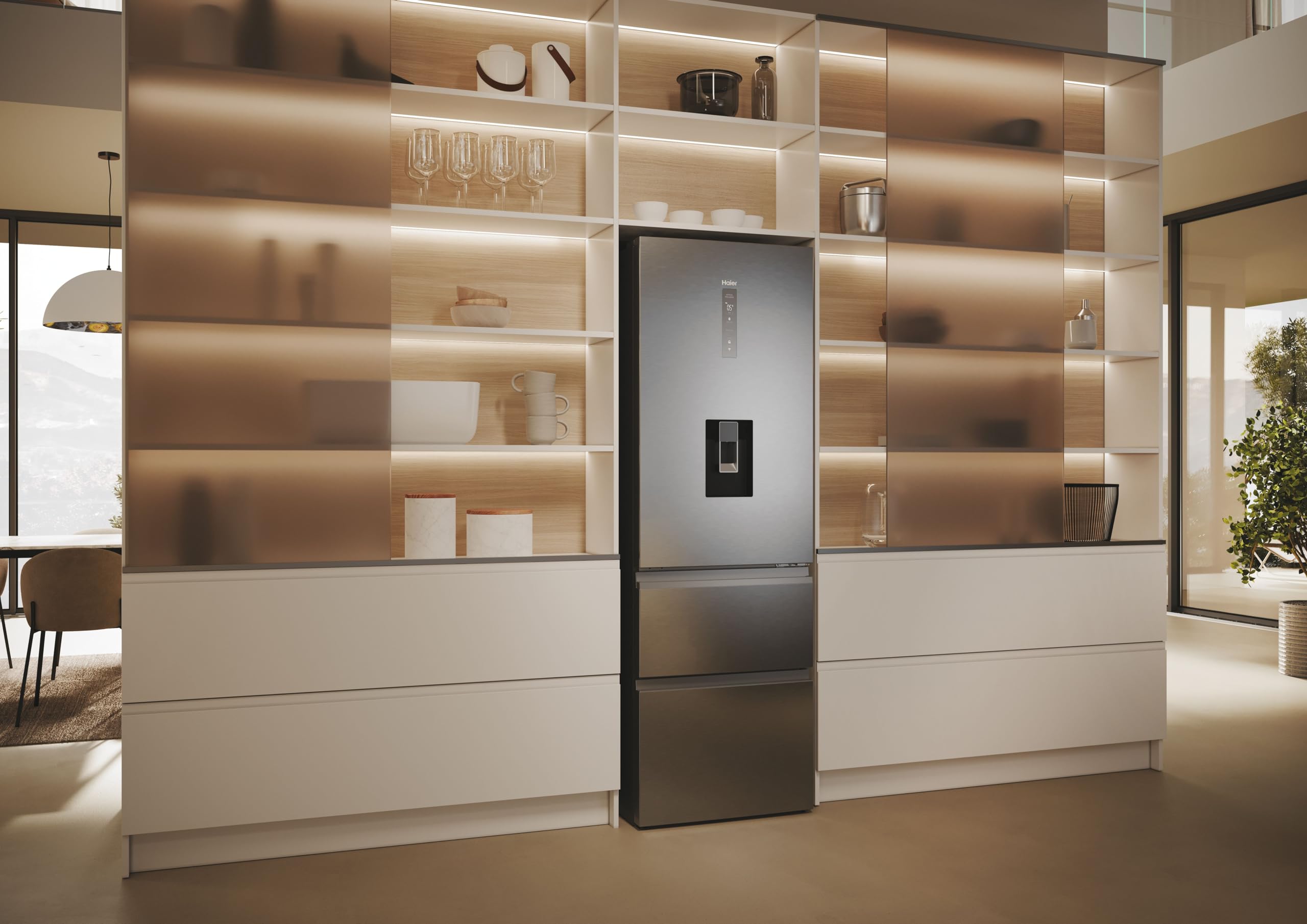 3D 60 Series 5 Freestanding Fridge Freezer with Water Dispenser, 3 Doors, Total No Frost, E Class, 357L Total Capacity, hOn App, AI & Wi-Fi Connected, Silver, 60x67x185 cm - HTW5618EWMG