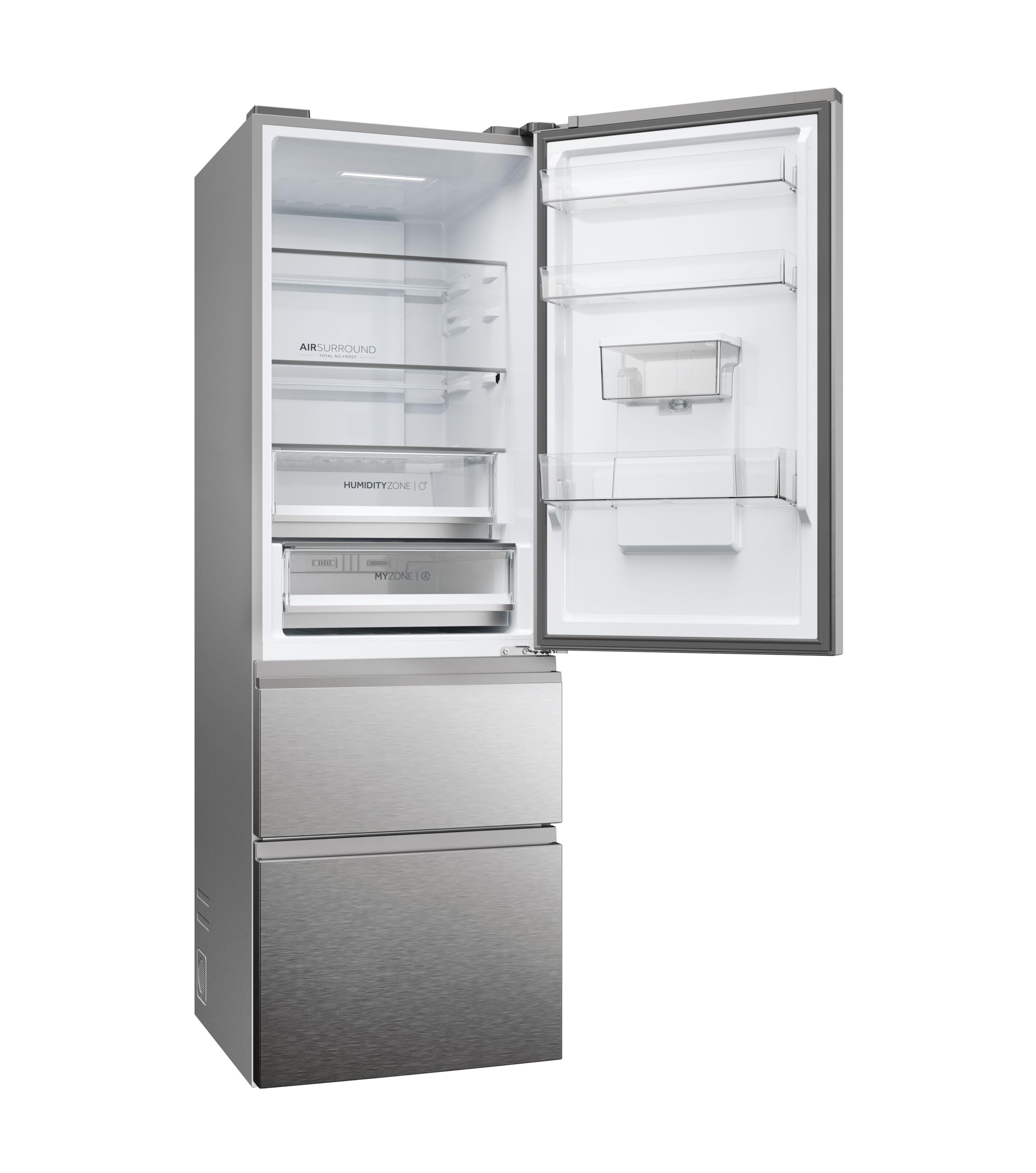 3D 60 Series 5 Freestanding Fridge Freezer with Water Dispenser, 3 Doors, Total No Frost, E Class, 357L Total Capacity, hOn App, AI & Wi-Fi Connected, Silver, 60x67x185 cm - HTW5618EWMG