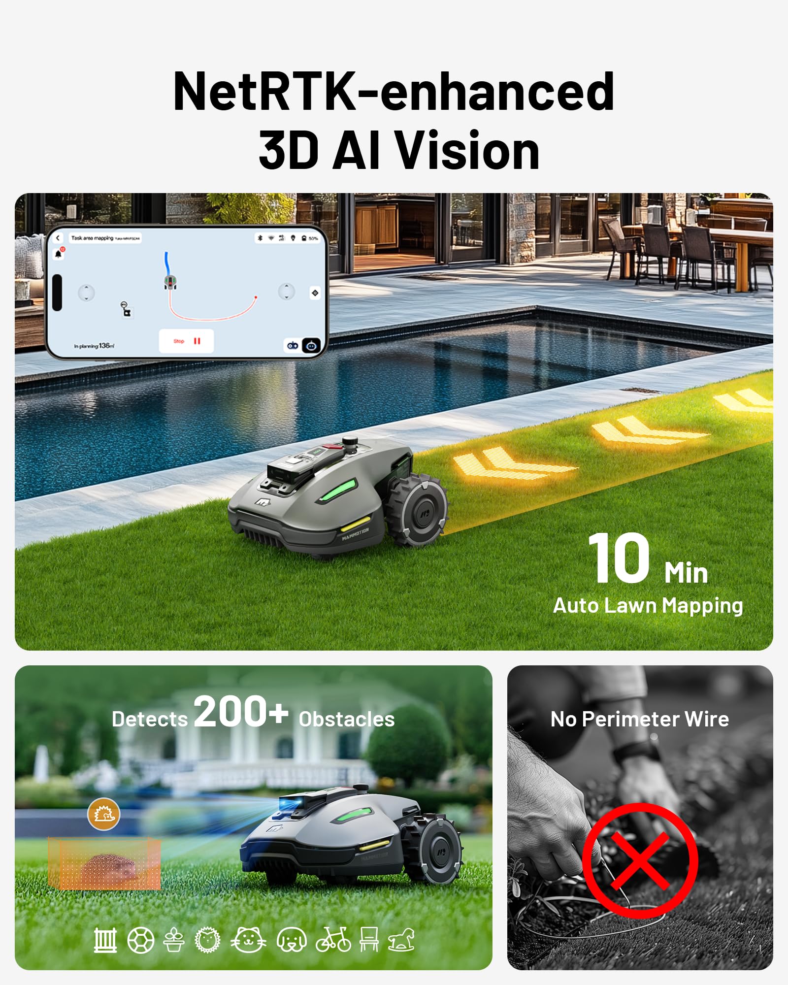 mini Robot Lawn Mower without Boundary Auto Mapping UltraSense Al Vision, 80% Gradient, 25-70 mm Cutting Height (YUKAmini700)
