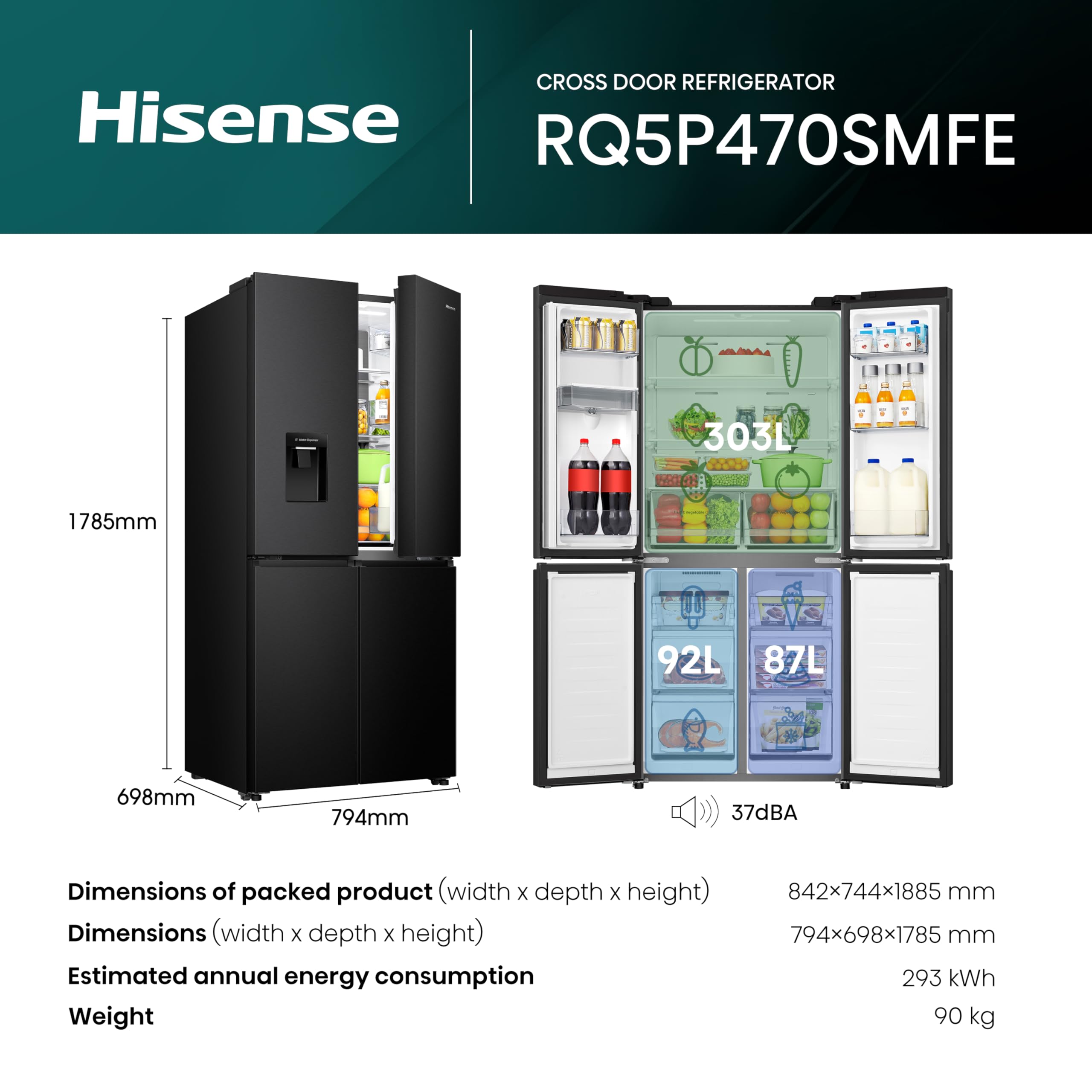 RQ5P470SMFE Wifi Connected American Fridge Freezer Cross Door with Water Dispenser, No Frost, 482 liters, Black Stainless Steel - E Rated, Noise level: 37 decibels, H178.5 x W79.4 x D69.8 (cm)