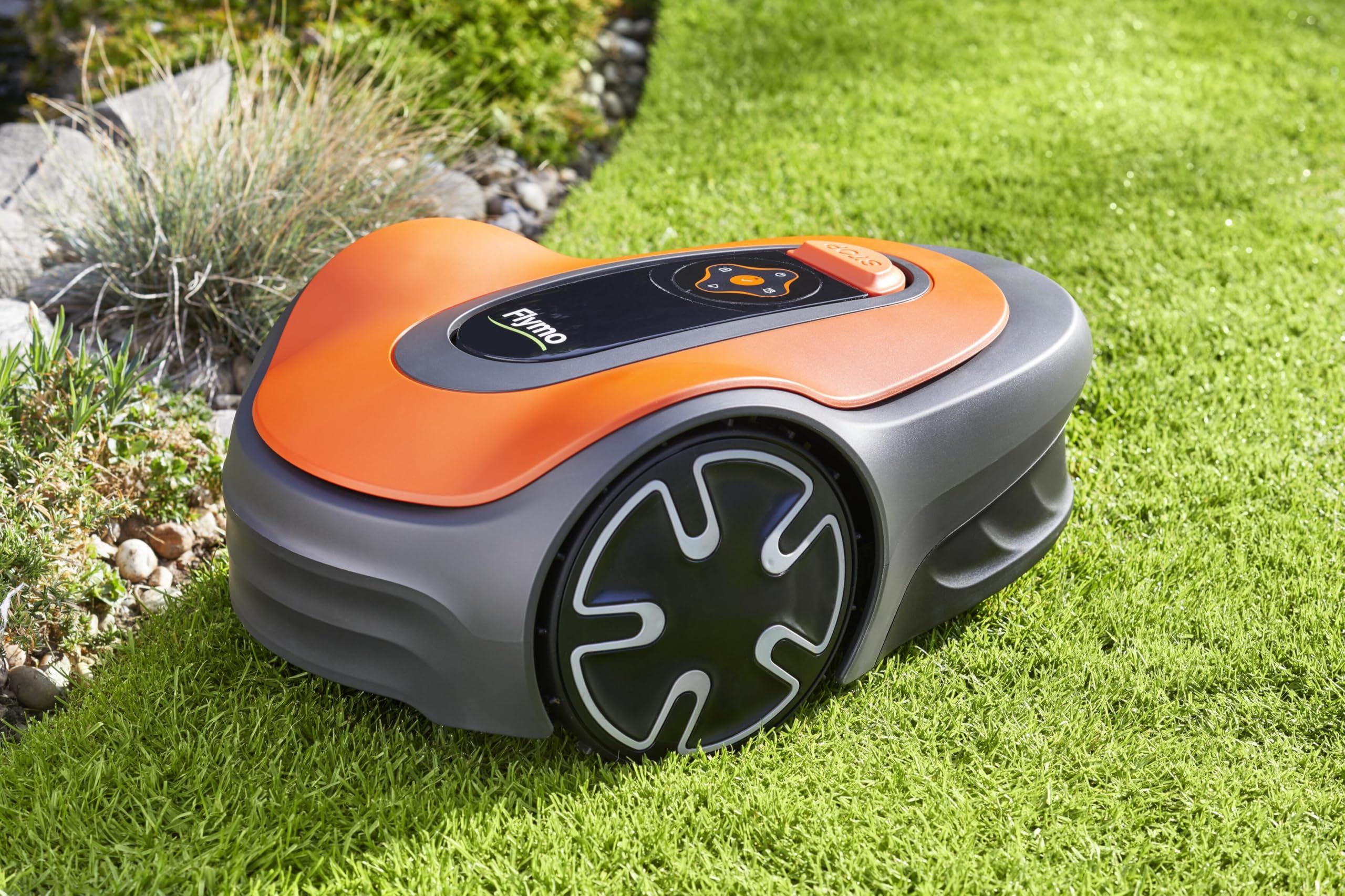 EasiLife GO 400 Robotic Lawn Mower for the perfect manicured lawn. Easy set-up and installation. Convenient app control. Quietly Safely cuts up to sqm, orange and grey, 400m2