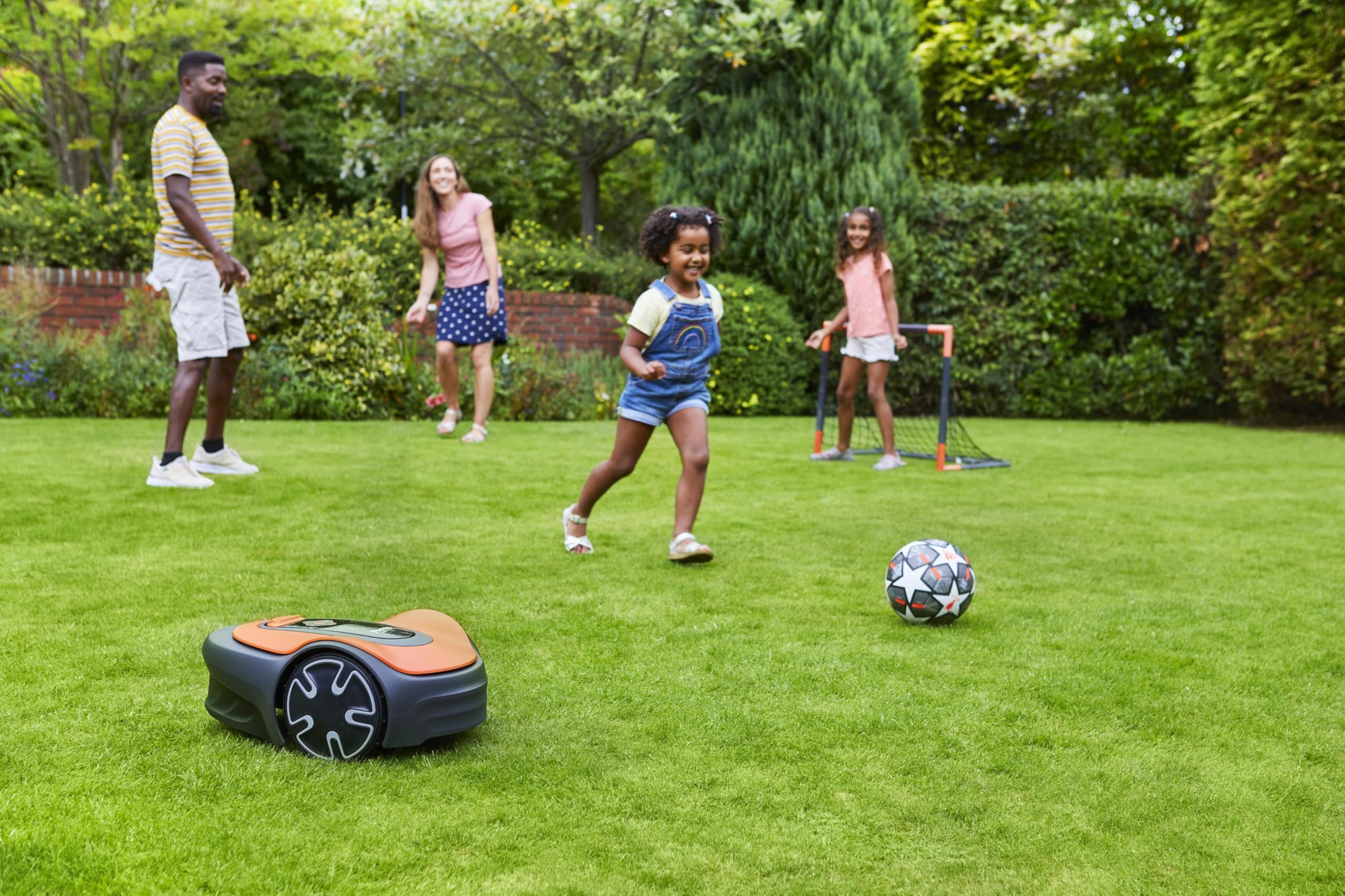 EasiLife GO 400 Robotic Lawn Mower for the perfect manicured lawn. Easy set-up and installation. Convenient app control. Quietly Safely cuts up to sqm, orange and grey, 400m2